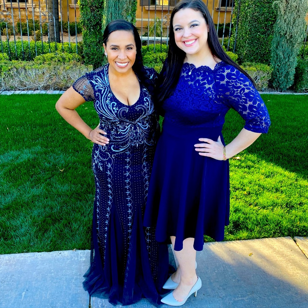 Navy blue V Neck, embellished gown Adrianna Papell